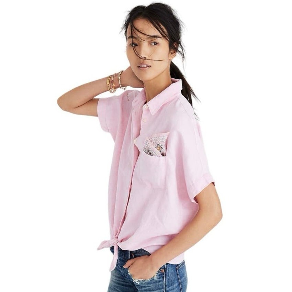 Madewell Short Sleeve Tie Front Pink Paris Linen Button Down Top